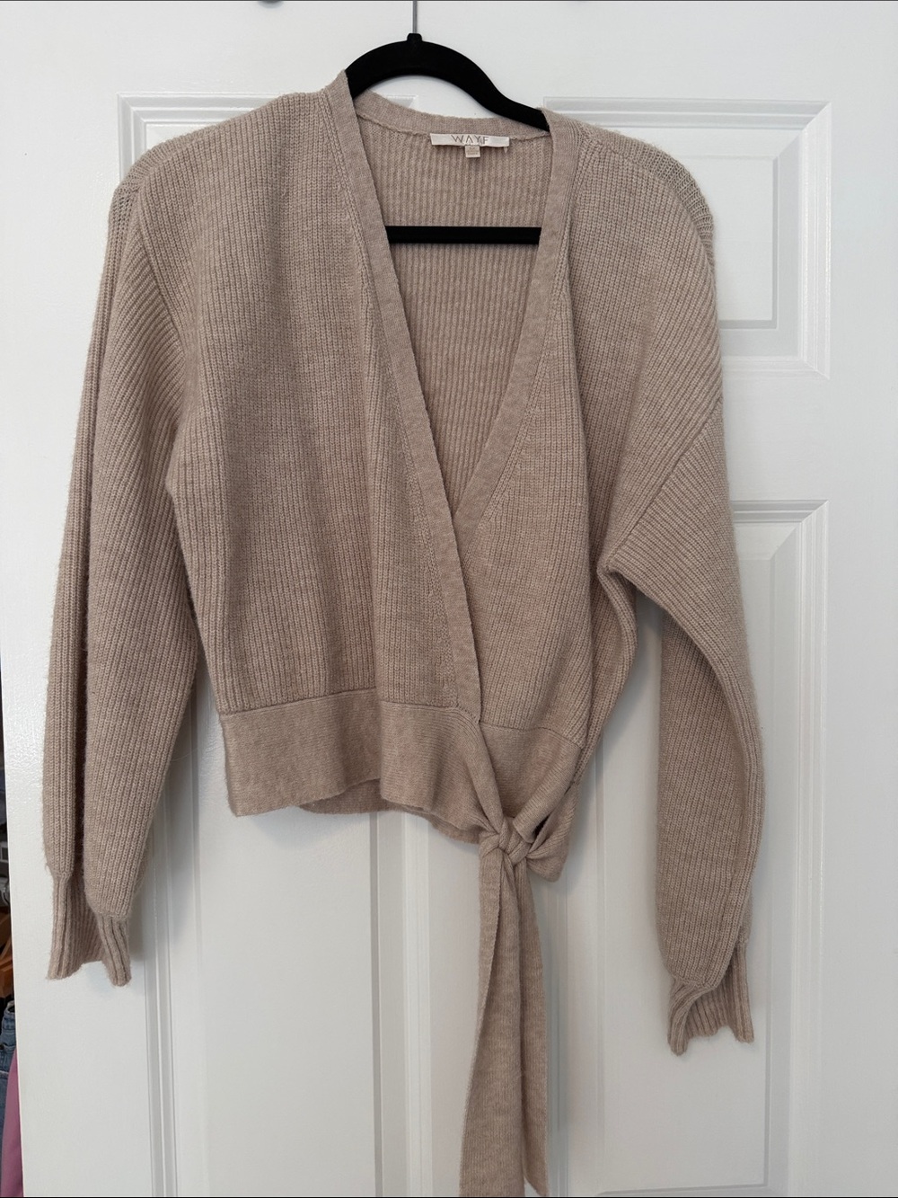 Wayf Tie-Waist Wrap Cardigan in Light Taupe